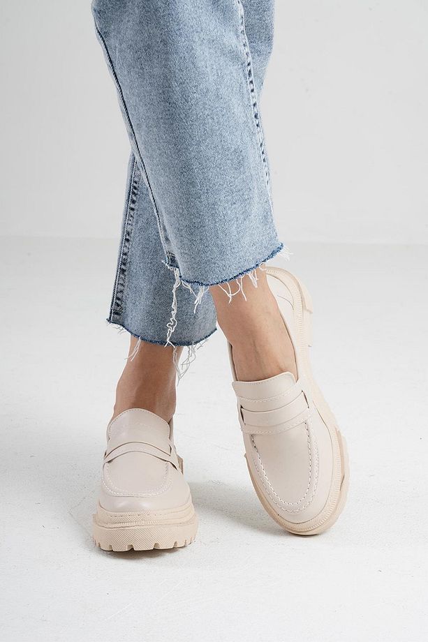 Kadın Bej Deri Corteko Kalın Taban Loafer Makosen Ayakkabı 4,5cm Byndlfrk02 - 2