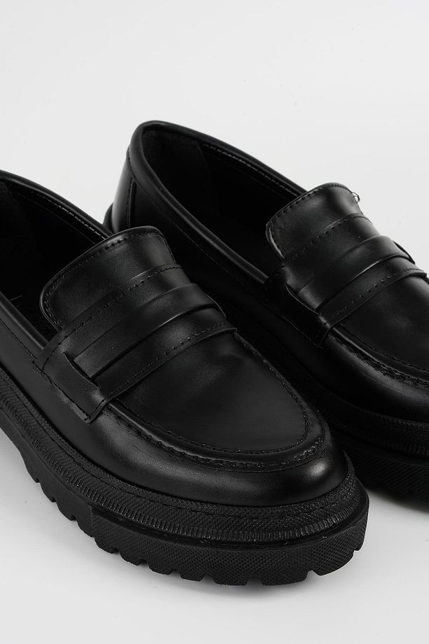 Kadın Siyah Deri Corteko Kalın Taban Loafer Makosen Ayakkabı 4,5cm Byndlfrk02 - 5