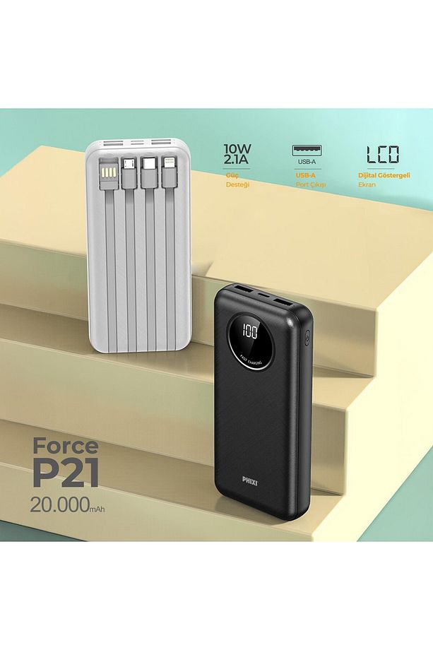 Force P21 Led Ekranlı Micro Lightning Type-c Ve Usb-a Kablolu 20.000mah Powerbank - 3