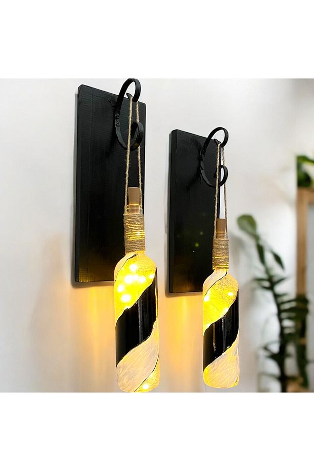 Led Işıklı Ahşap Siyah Renkli Vitray Cam Salon Bar Bahçe Dekoru Şarap Şişesi Duvar Aplik 2'li Set - 3