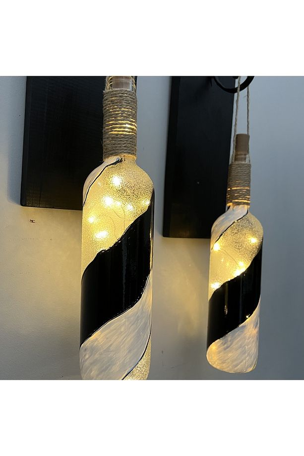 Led Işıklı Ahşap Siyah Renkli Vitray Cam Salon Bar Bahçe Dekoru Şarap Şişesi Duvar Aplik 2'li Set - 8