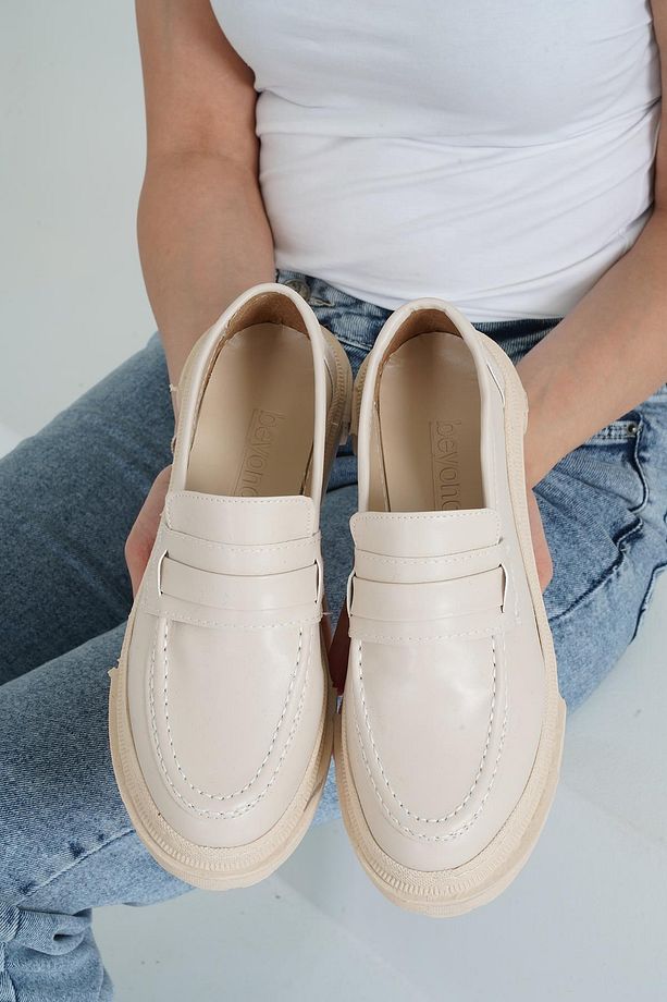 Kadın Bej Deri Corteko Kalın Taban Loafer Makosen Ayakkabı 4,5cm Byndlfrk02 - 4