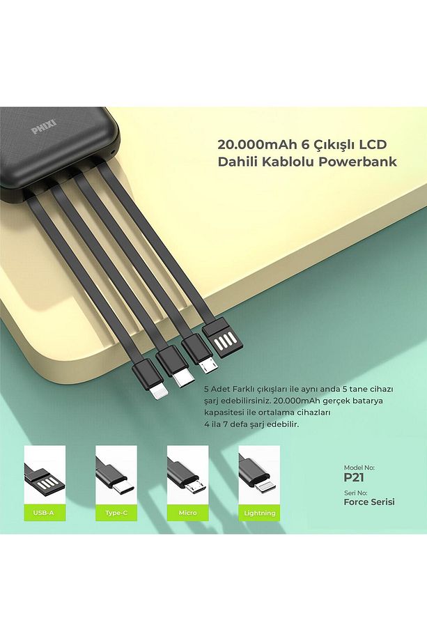 Force P21 Led Ekranlı Micro Lightning Type-c Ve Usb-a Kablolu 20.000mah Powerbank - 2