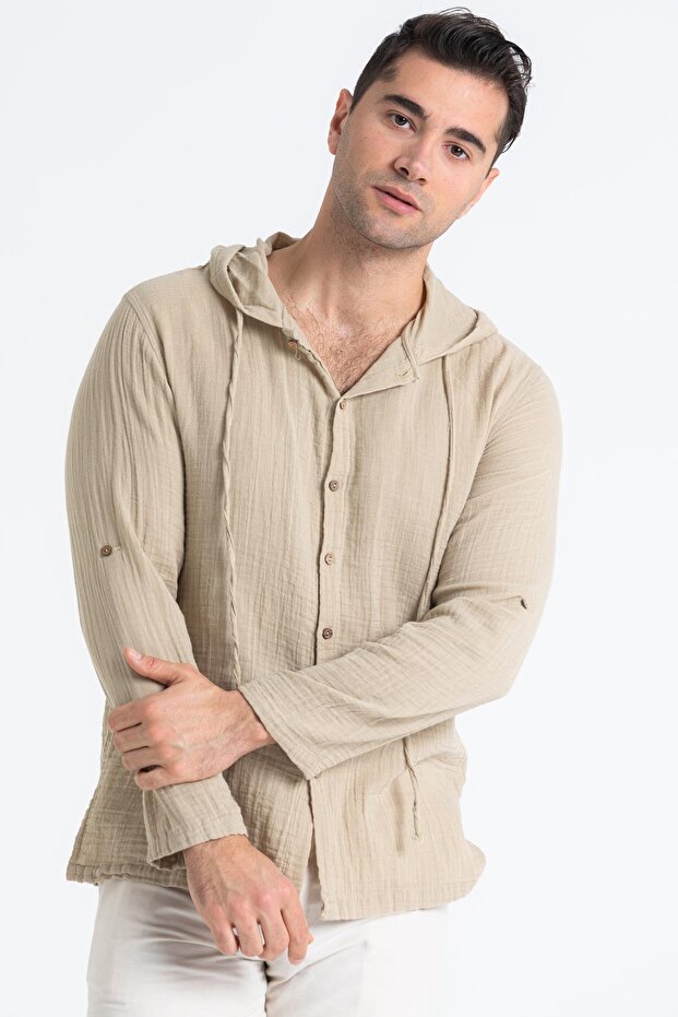 Long Sleeve Men's Hooded Summer Muslin Sweatshirt Mink Vzn