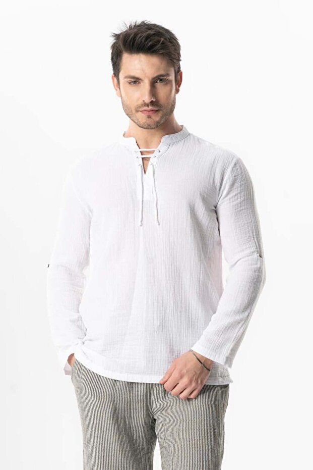 Long Sleeve Doruk V-Neck Lace-Up Muslin Men's Summer Tshirt White Byz