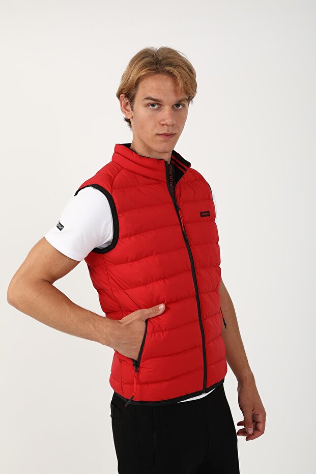 سترة رجالية عادية ياقة مرتفعة متوسطة الطول باللون الأحمر - 3
