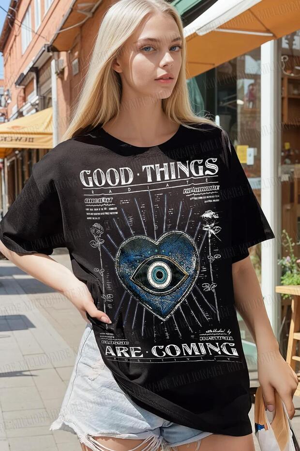 Women's Black Evil Eye Printed Oversize Fit Loose Wide Fit Loose Cut T-Shirt