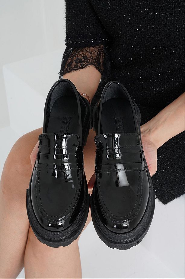 Kadın Siyah Rugan Corteko Kalın Taban Loafer Makosen Ayakkabı 4,5cm Byndlfrk02 - 4