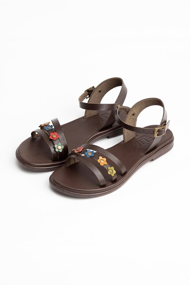 Genuine Leather Bodrum Women's Sandals - Three-Stripes, Brown Khv 4835