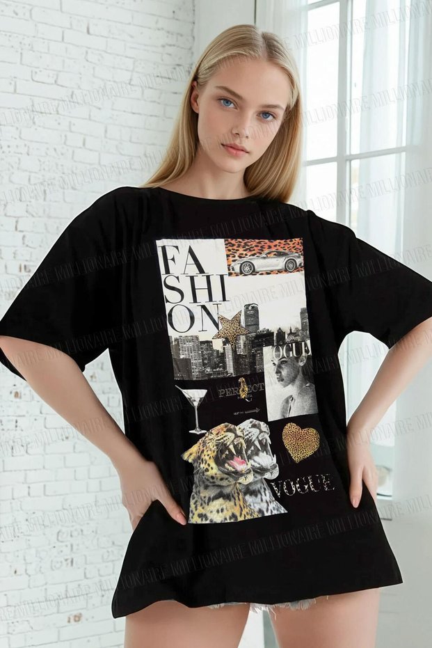 Women's Black Fashion Oversize Fit Loose Wide Fit Loose Cut T-Shirt
