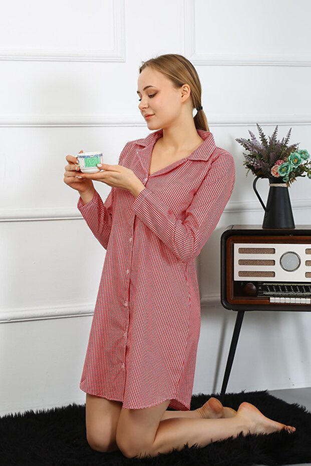 Women's Combed Cotton Long Sleeve Buttoned Tunic Nightgown 13101