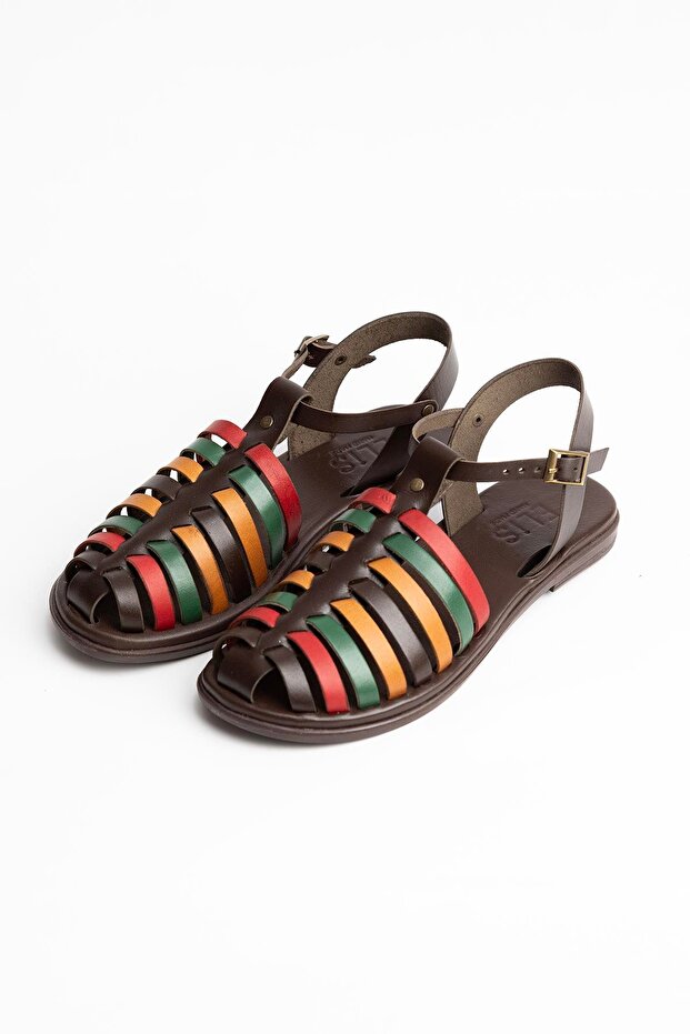 Genuine Leather Basement Belted Women's Sandals - 4822 Colorful Rnk