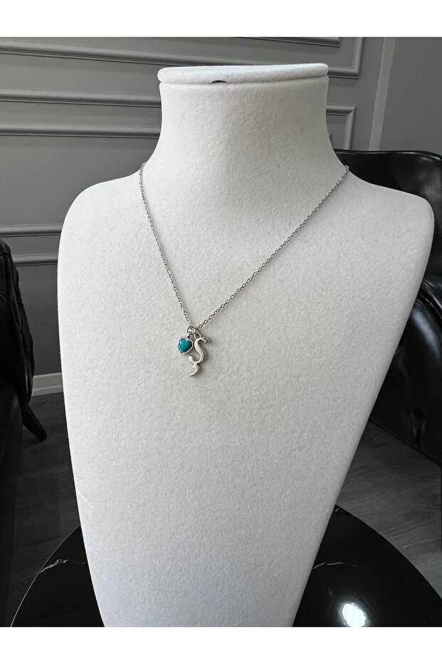 Letter S Necklace - Turquoise Heart Charm with Heart Charm Steel Chain