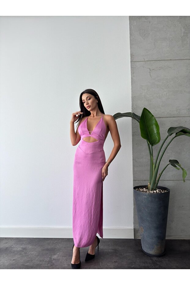 BELLA PEMBE DEKOLTELİ ELBİSE - 2