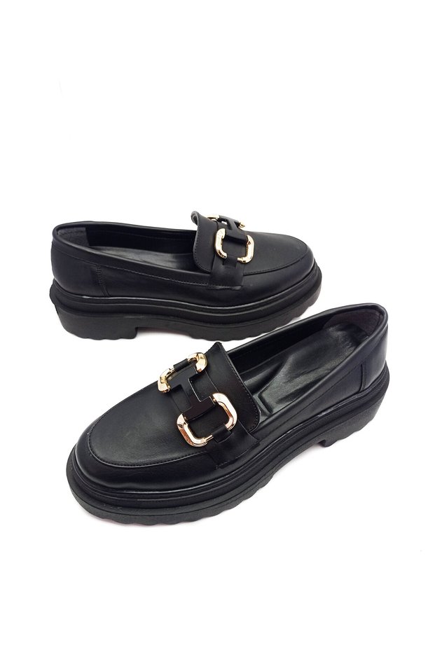 Black Color Thick Sole Daily Women's Loafer Shoes