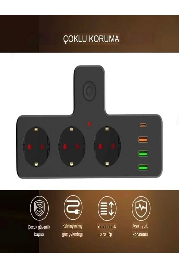2500w 3 Lü Priz Kablosuz 3xusb 1xtype-c Bakır Iletken Çocuk Akım Korumalı Çoklu Üçlü Priz - 3