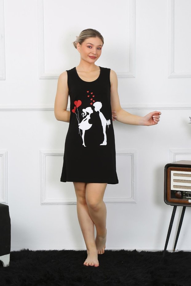 Fashion Line Women's Thick Strap Combed Cotton Above Knee Black Nightgown 11310