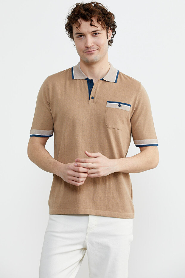 Color Combination Pocketed Cotton Knitwear T-Shirt - Camel