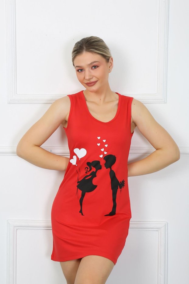 Fashion Line Women's Thick Strap Combed Cotton Above Knee Red Nightgown 11310