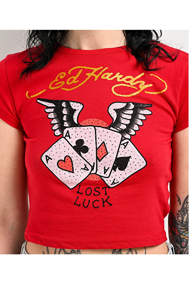 Ed Hardy Rhinestone Aces Red T-Shirt Baby Tee