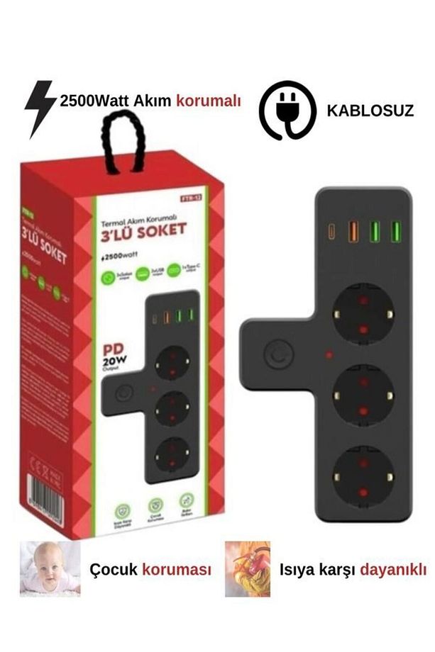 2500w 3 Lü Priz Kablosuz 3xusb 1xtype-c Bakır Iletken Çocuk Akım Korumalı Çoklu Üçlü Priz - 4