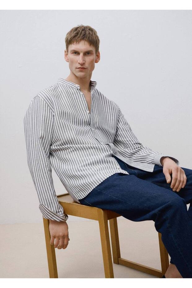 Rahip yaka çizgili keten gömlek - 8