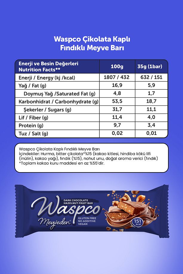 Bitter Çikolata Kaplı Fındıklı Meyve Bar 35g x 12 Adet - 7