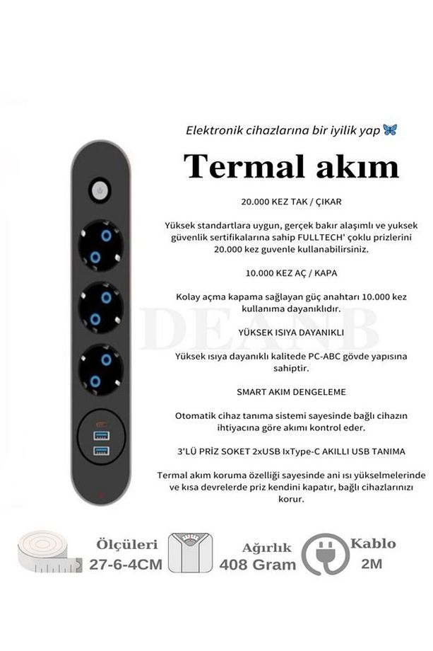 Ftr 2500w Termal Akım Korumalı 3’lü Priz – 2 Usb, 1 Type-c, 2 Metre Kablo, Sigortalı Çoklayıcı, 10a - 2
