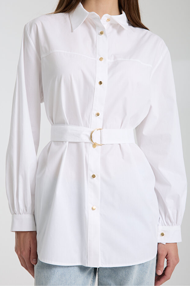 Kemerli Poplin Gömlek - 6