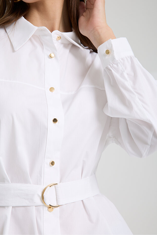 Kemerli Poplin Gömlek - 7