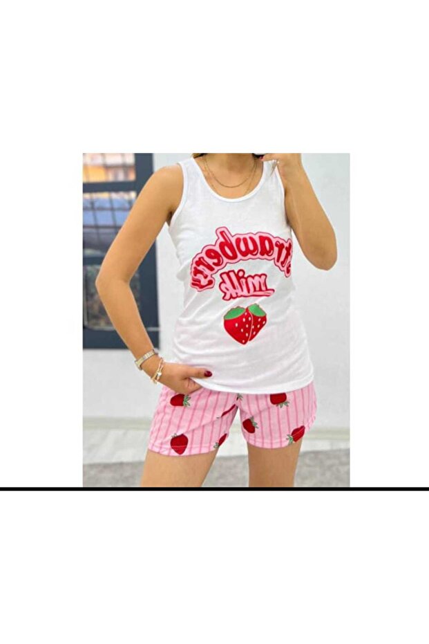 Strap Pajama Set with Shorts Strawberry Printed
