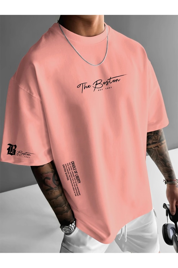 Men's Fashion Boston City Slogan Letter Printed Casual Loose Short Sleeve T-Shirt, 100% Polyester