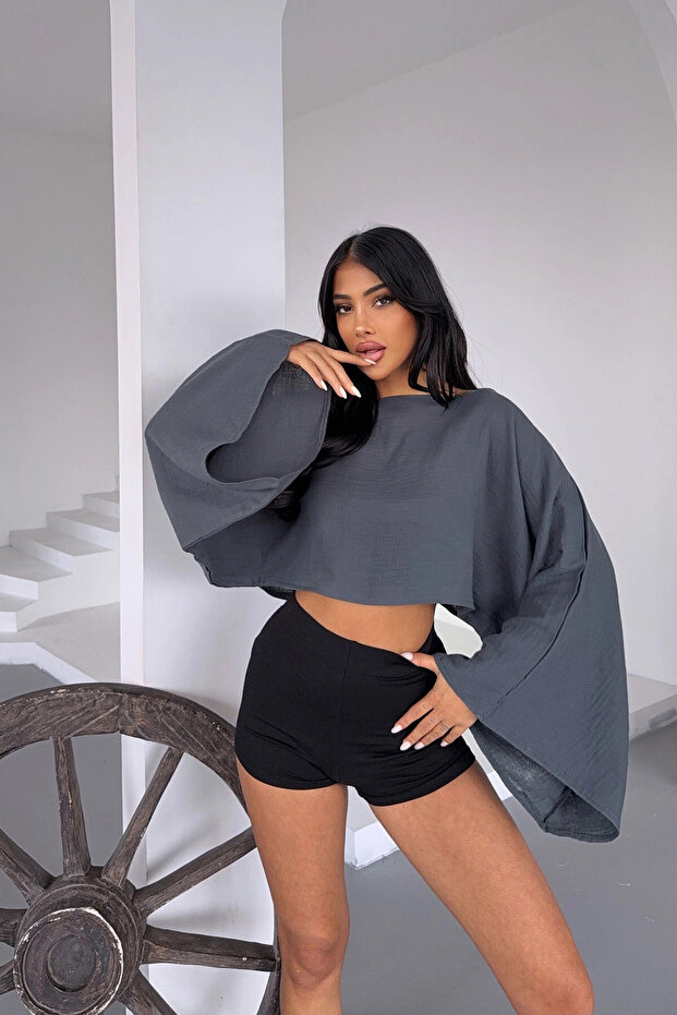Women's Anthracite Wide Collar Bat Sleeve Muslin Fabric Linen Blouse