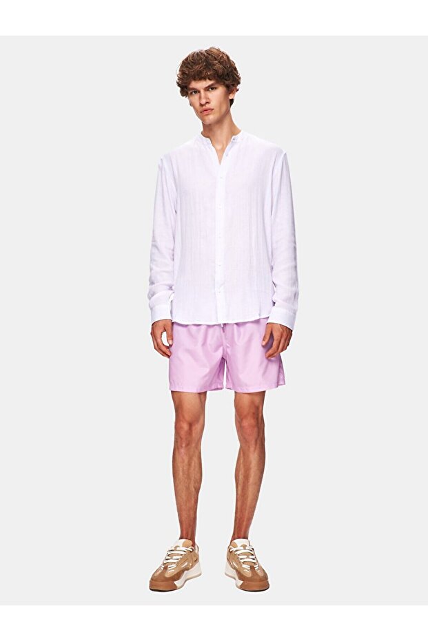 Relaxed Basıc Hakim Yaka Dokuma Beyaz Gömlek - 1