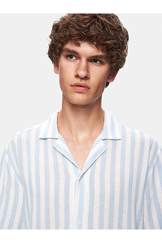 Relaxed Kısa Kollu Çizgili Basıc Dokuma Mavi Gömlek - 4