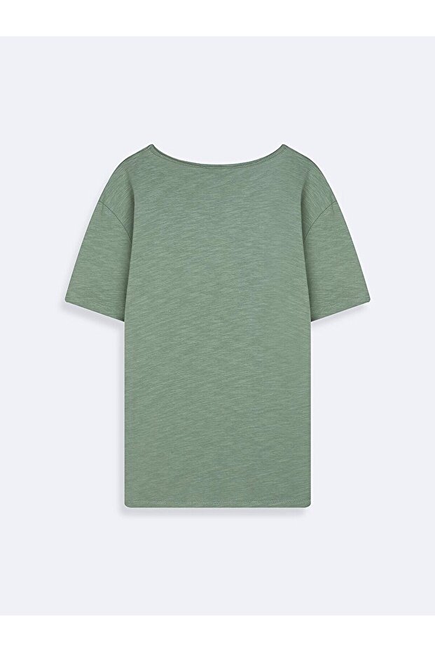 Sıfır Yaka Basıc Kısa Kol Regular Yeşil T-shırt - 2