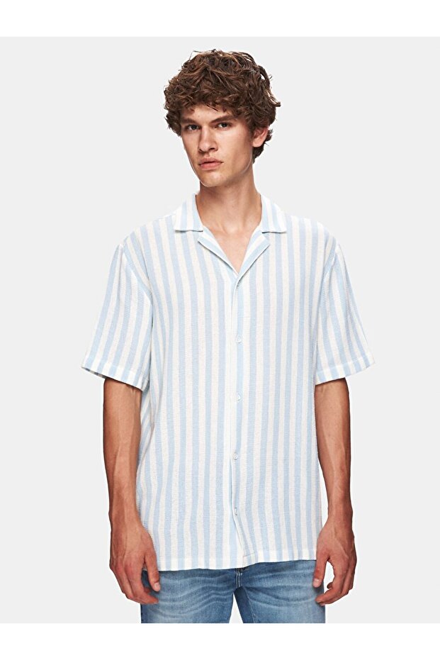 Relaxed Kısa Kollu Çizgili Basıc Dokuma Mavi Gömlek - 2