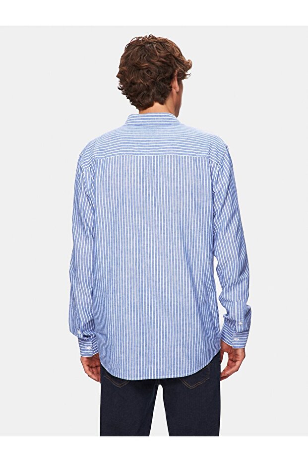 Relaxed Keten Görünümlü Çizgili Mavi Gömlek - 3