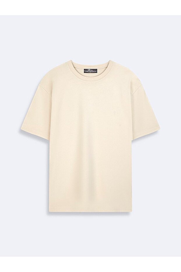 Basic Graphic Printed Relaxed Cut Loose Beige T-Shirt