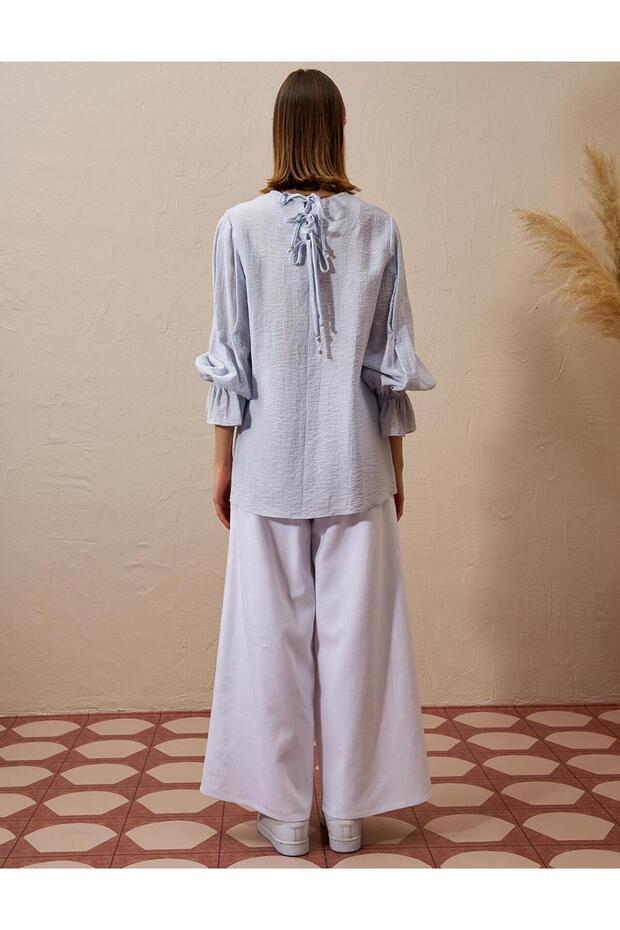 Sırtı Bağcıklı Poplin Bluz Mavi - 6