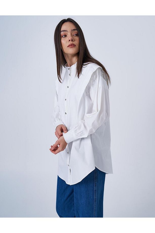 Şerit Taşlı Poplin Tunik Ekru - 2