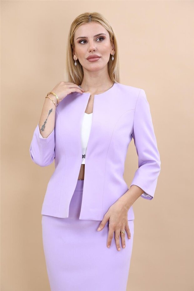 Zero Collar Plain Short Jacket-Violet - 1015100
