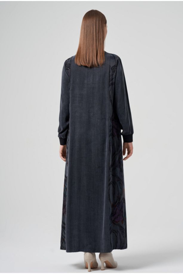 Oversize Midi Kadife Elbise - Uzun Kol, Minimalist Tarz - 2