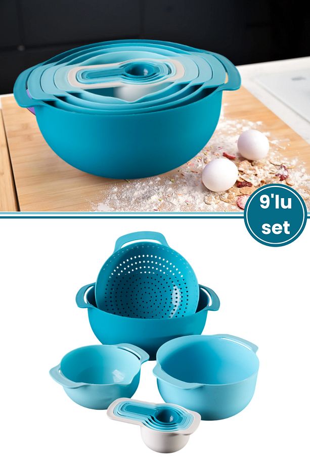 Easy Mix Karıştırma Kabı Seti 9 Parça- Ölçü Kaşığı ve Süzgeçli Hazırlık Set Mavi - 1