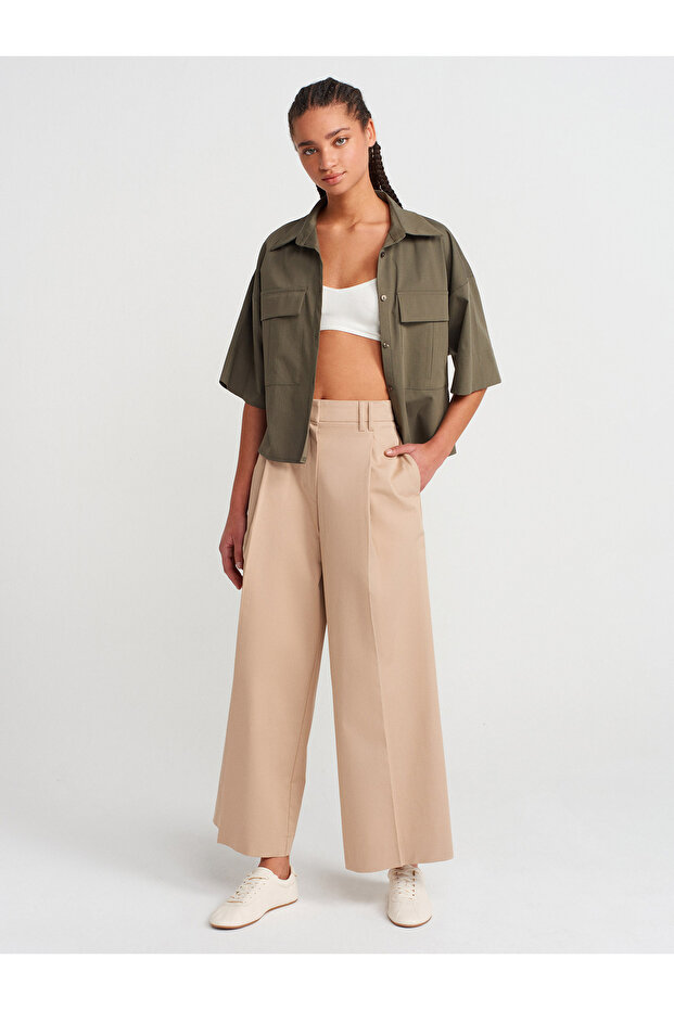 71634 Pilili Geniş Paça Pantolon-Camel - 1