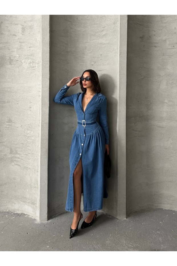 Buckle Blue Denim Long Dress Missel1055