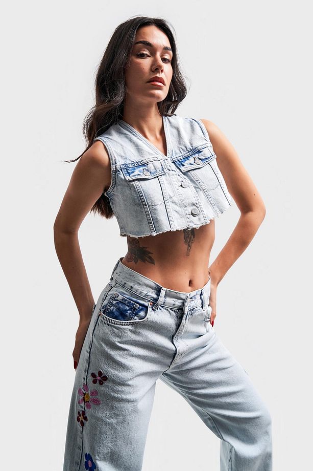 Kadın Snow Kot Rengi Önü Düğmeli Crop Denim Yelek - 1