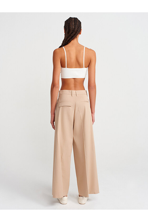 71634 Pilili Geniş Paça Pantolon-Camel - 2