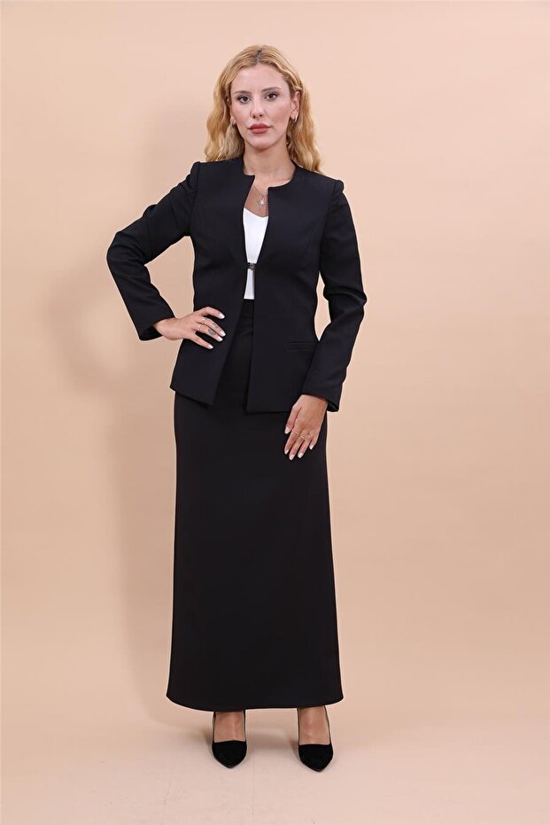 Oval Collar Side Cup Classic Jacket & Long Straight Tight Skirt-Black