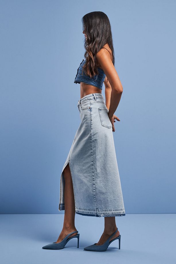 Kadın Snow Kot Rengi Derin Yırtmaçlı Yüksek Bel Uzun Denim Etek - 4